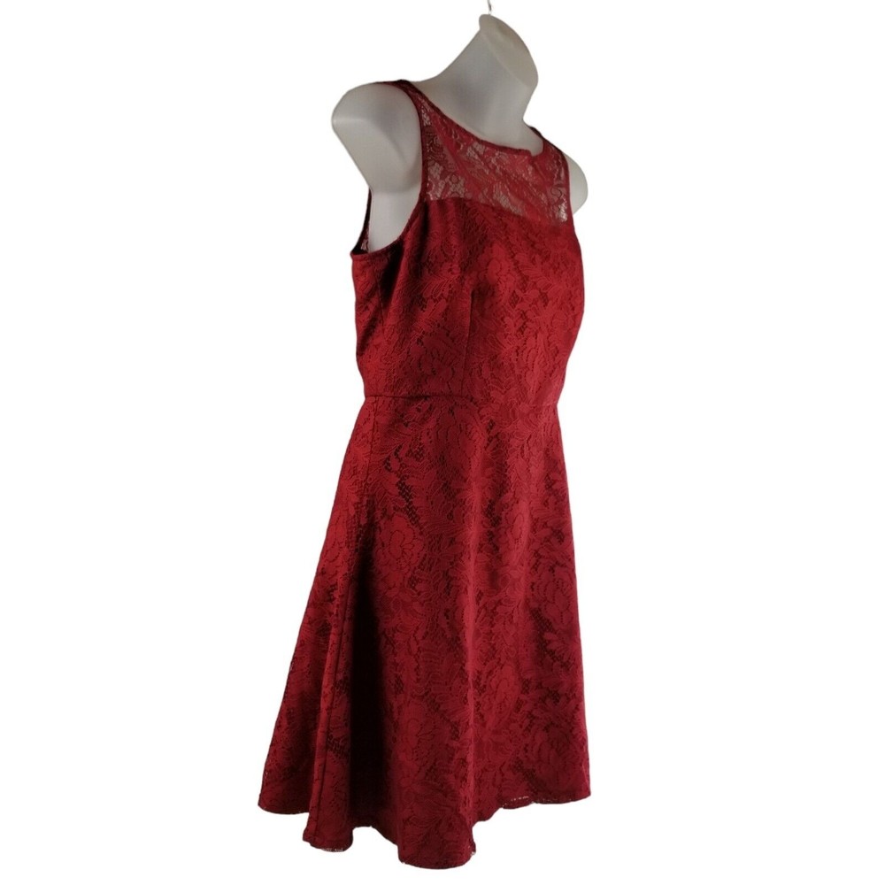 BB Dakota Red Fit & Flare Mini Dress Crew Neck Lace Open Back Women's Size 6 - Picture 12 of 16